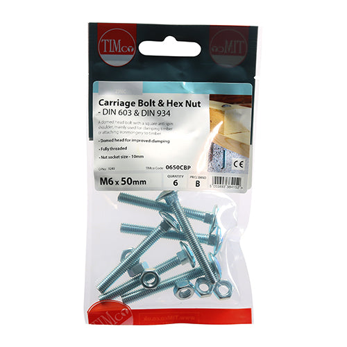 Carriage Bolt & Hex Nut - BZP - M6 x 50 - 6 pack