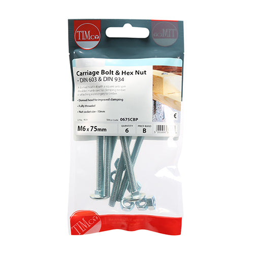 Carriage Bolt & Hex Nut - BZP - M6 x 75 - 6 pack