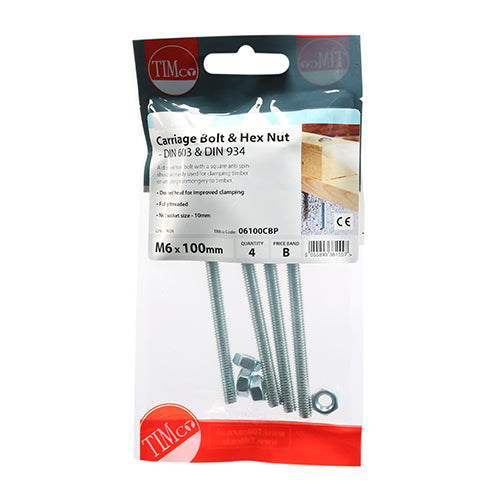 Carriage Bolt & Hex Nut - BZP - M6 x 100 - 4 pack