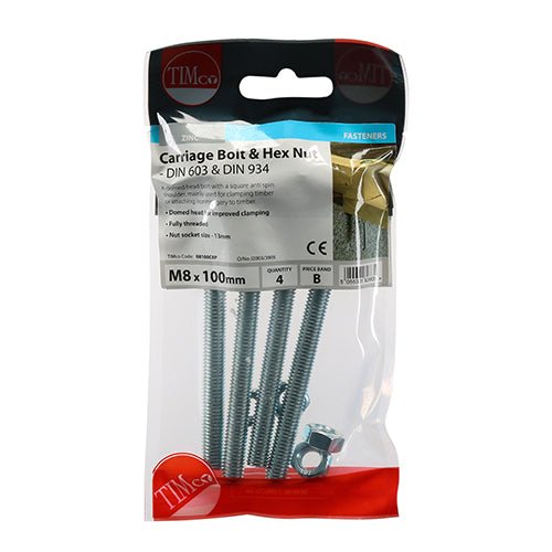 Carriage Bolt & Hex Nut - BZP - M8 x 100 - 4 pack