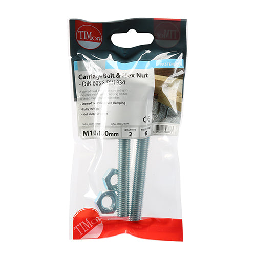 Carriage Bolt & Hex Nut - BZP - M10 x 100 - 2 pack