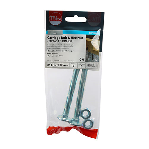 Carriage Bolt & Hex Nut - BZP - M10 x 130 - 2 pack