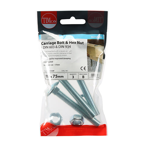 Carriage Bolt & Hex Nut - BZP - M10 x 75 - 3 pack