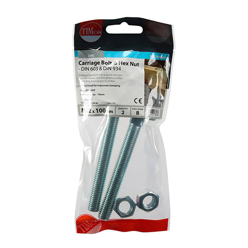 Carriage Bolt & Hex Nut - BZP - M12 x 100 - 2 pack