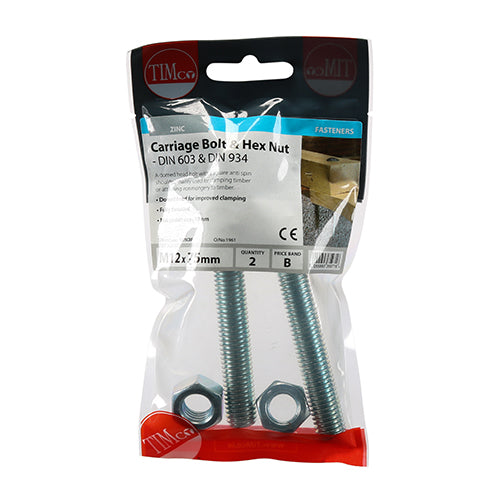 Carriage Bolt & Hex Nut - BZP - M12 x 75 - 2 pack