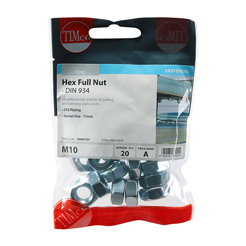 Hex Nut DIN 934 - BZP - M10 - 20 pack