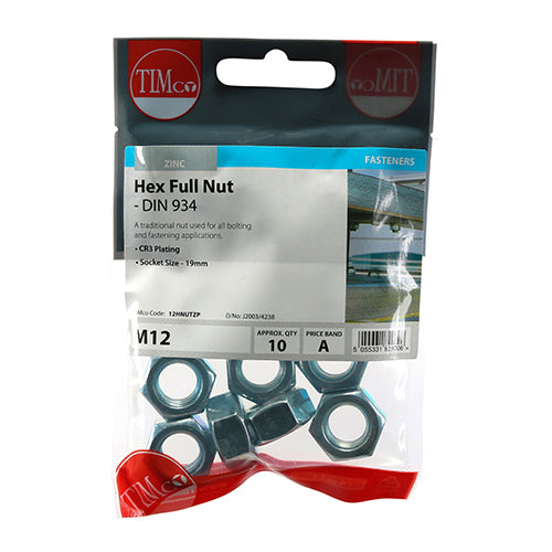 Hex Nut DIN 934 - BZP - M12 - 10 pack