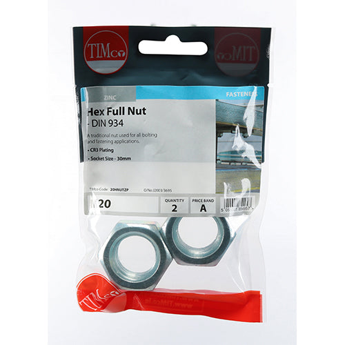 Hex Nut DIN 934 - BZP - M20 - 2 pack