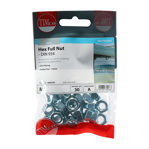 Hex Nut DIN 934 - BZP - M8 - 30 pack