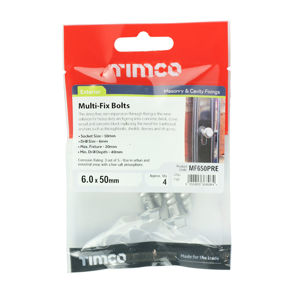 Multi-Fix Masonry Bolts - Hex Flange - Exterior - Silver 6.0 x 50 - 4 pack