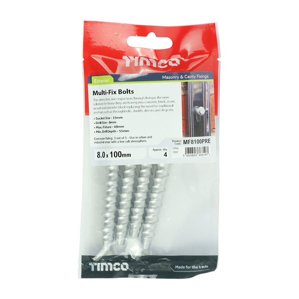 Multi-Fix Masonry Bolts - Hex Flange - Exterior - Silver 8.0 x 100 - 4 pack