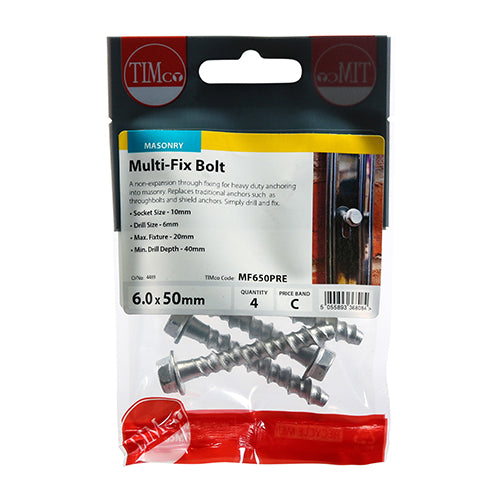 Multi-Fix Masonry Bolts - Hex Flange - Exterior - Silver 6.0 x 50 - 4 pack