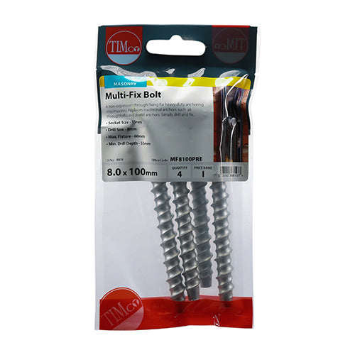 Multi-Fix Masonry Bolts - Hex Flange - Exterior - Silver 8.0 x 100 - 4 pack