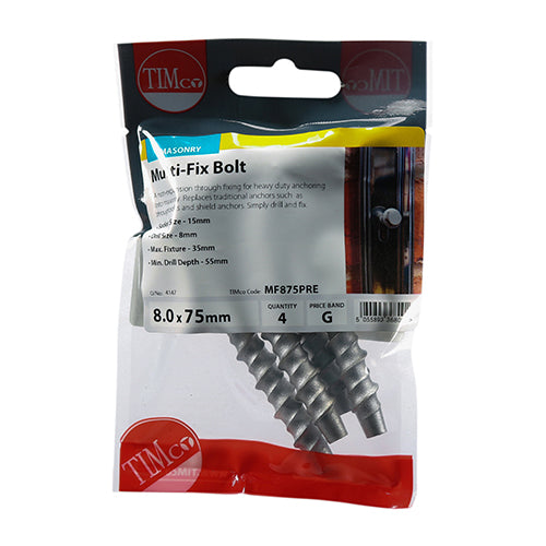 Multi-Fix Masonry Bolts - Hex Flange - Exterior - Silver 8.0 x 75 -  4 pack