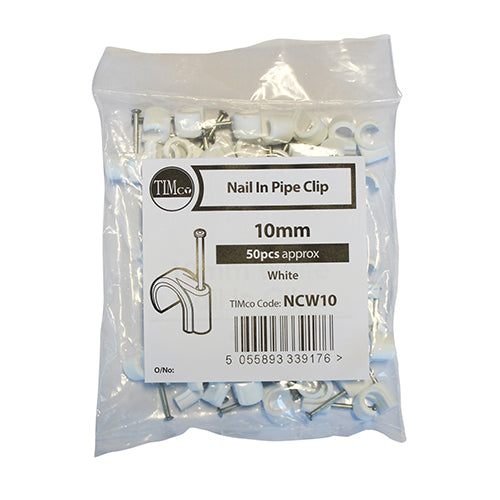 Nail In Pipe Clip - White 10mm  - 50 pack