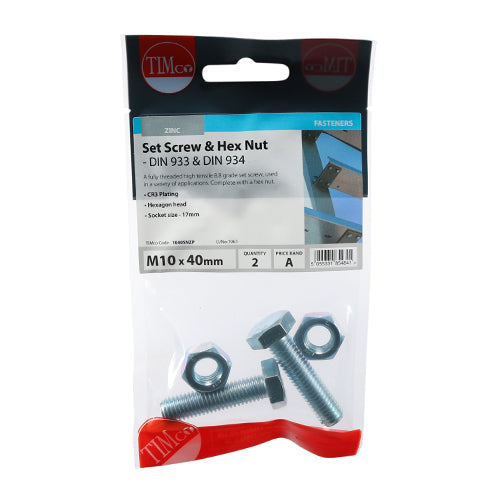 Screw & Hex Nut - BZP - M10 x 40 - 2 pack