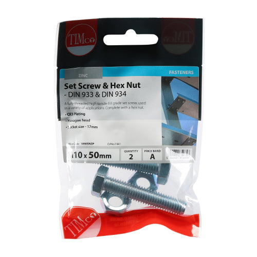 Screw & Hex Nut - BZP - M10 x 50 - 2 pack