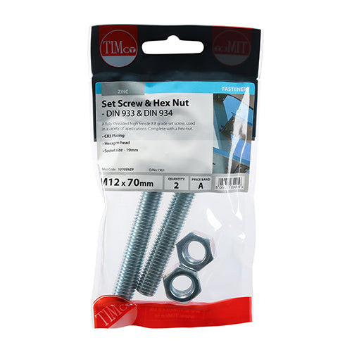 Screw & Hex Nut - BZP - M12 x 70 - 2 pack