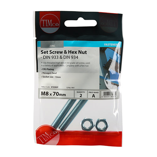 Screw & Hex Nut - BZP - M8 x 70 - 2 pack