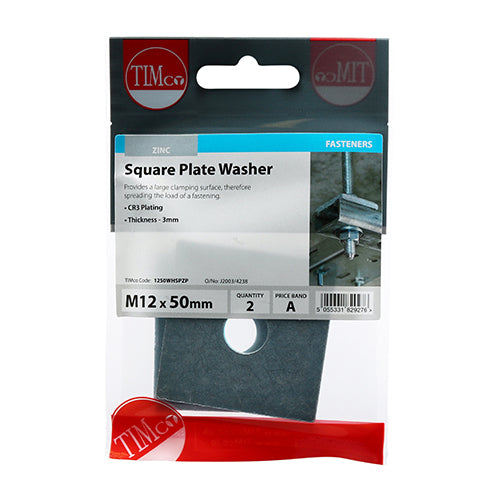 Square Plate Washer - BZP - M12 x 50 x 50 x 3 - 2 pack