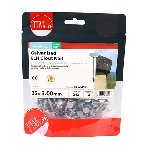Clout Nail Extra Large Head - Galvanised - 25 x 3.00 - 0.5kg
