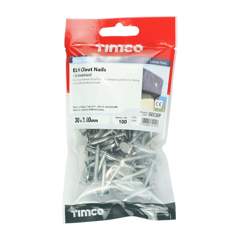 Clout Nail Extra Large Head - Galvanised - 30 x 3.00 - 100 pack