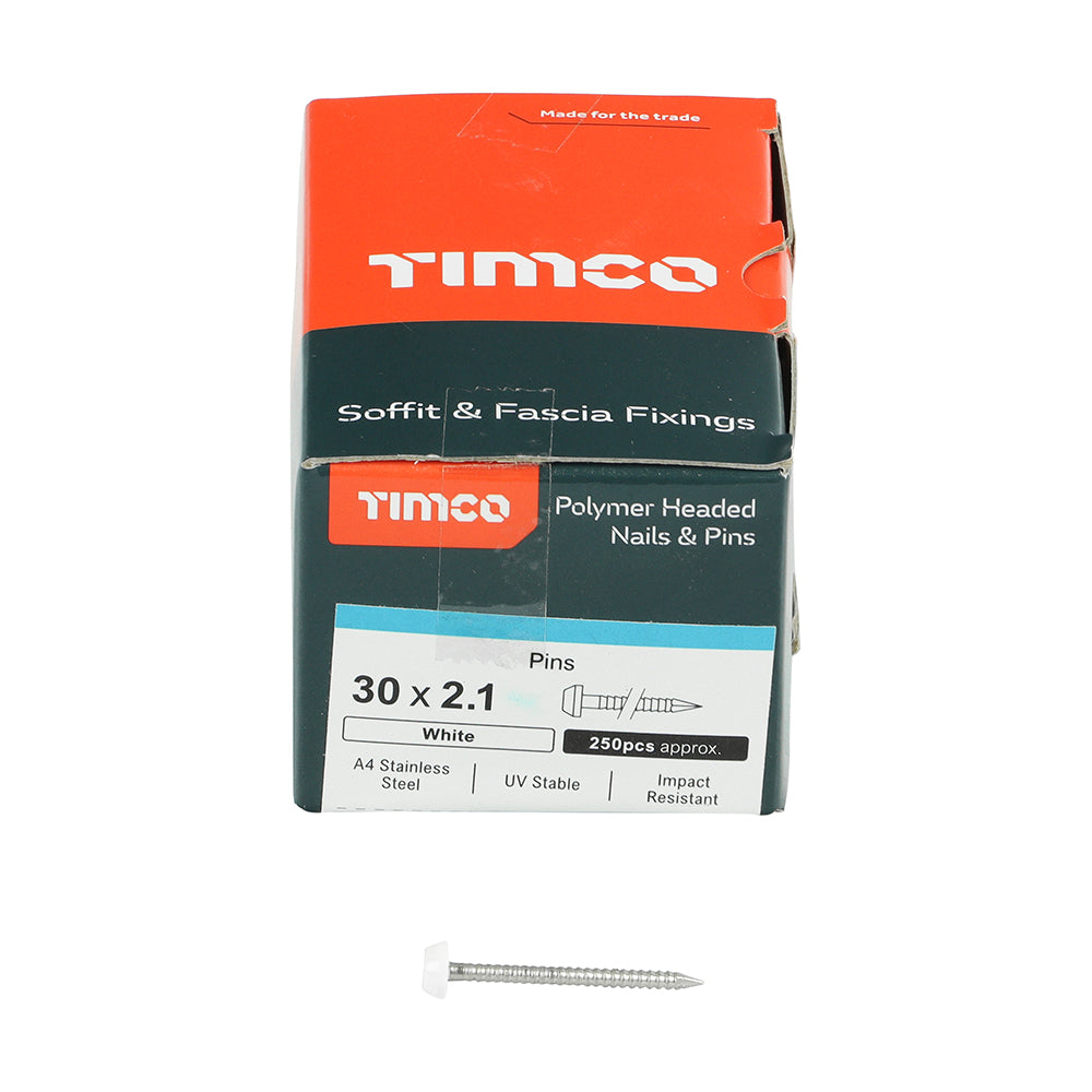 Polymer Headed Pin - A4 Stainless Steel - White 30mm  - 250 pack