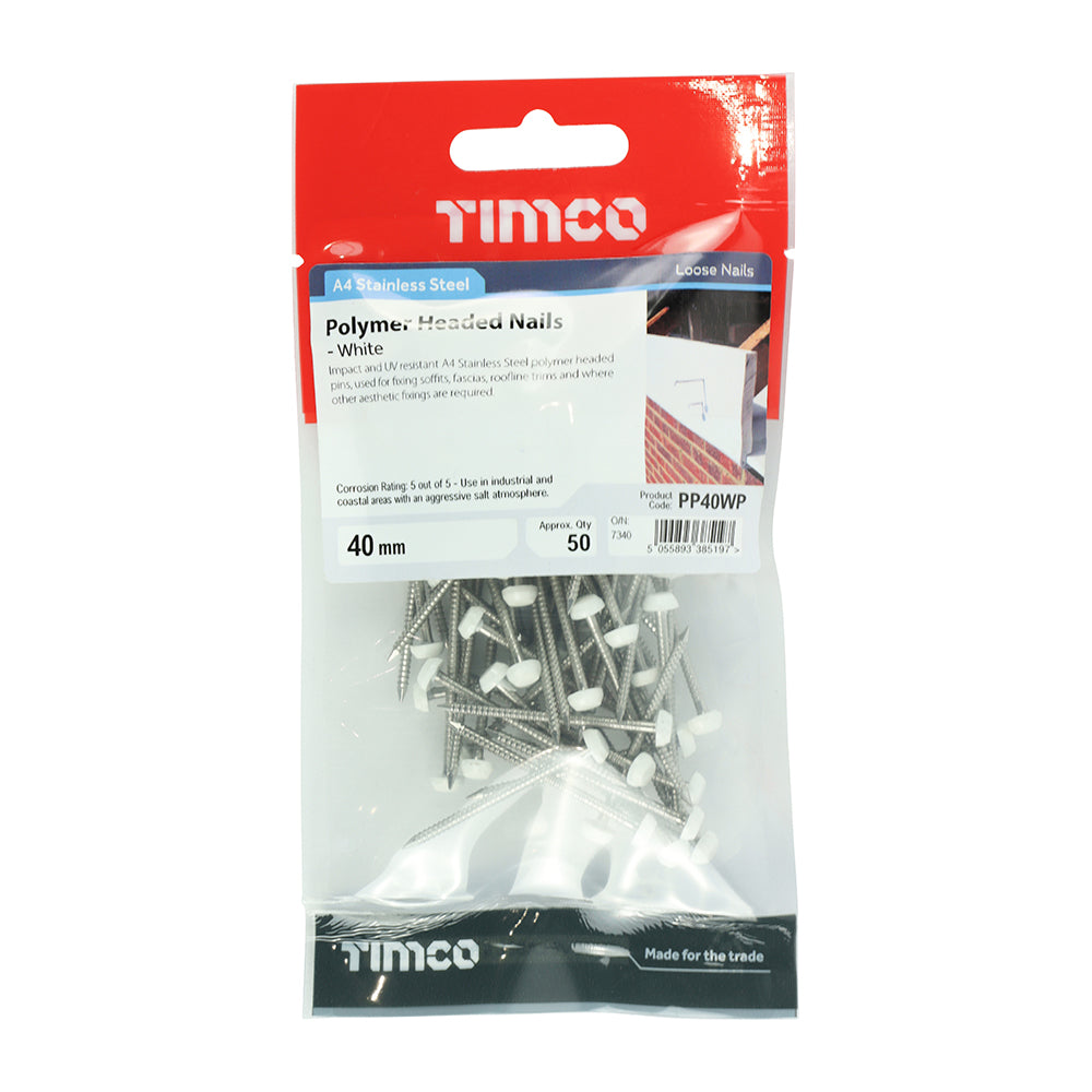 Polymer Headed Pin - White 40mm - 50 pack