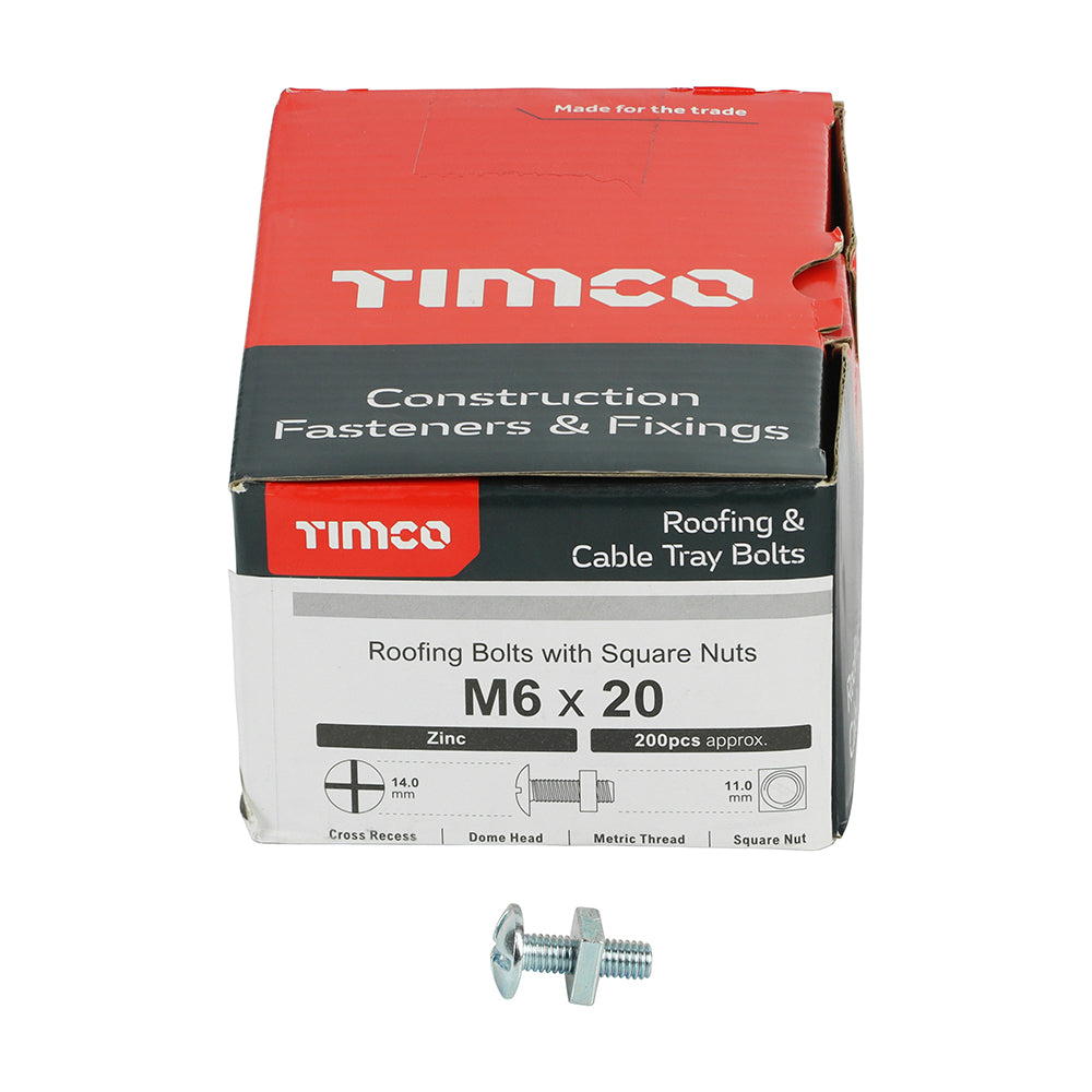 Roofing Bolts with Square Nuts - Zinc M6 x 20  Box 200