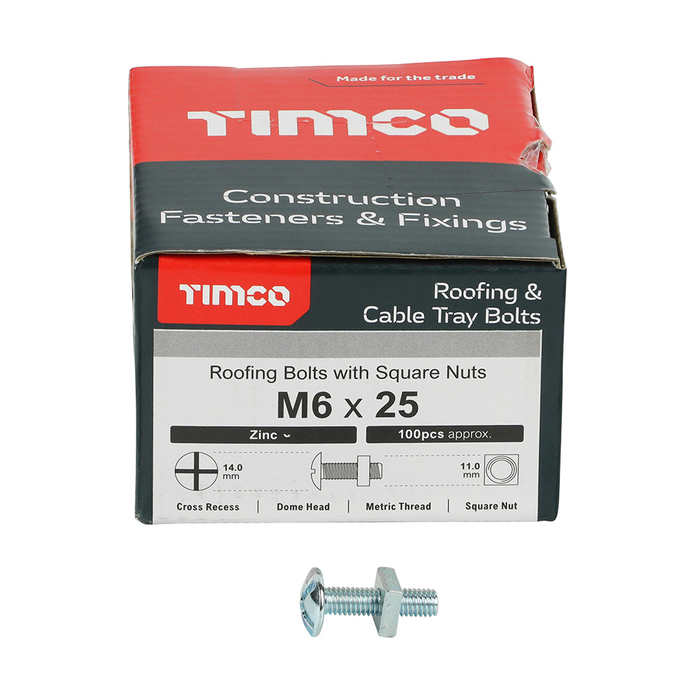 Roofing Bolts with Square Nuts - Zinc M6 x 25  Box 100
