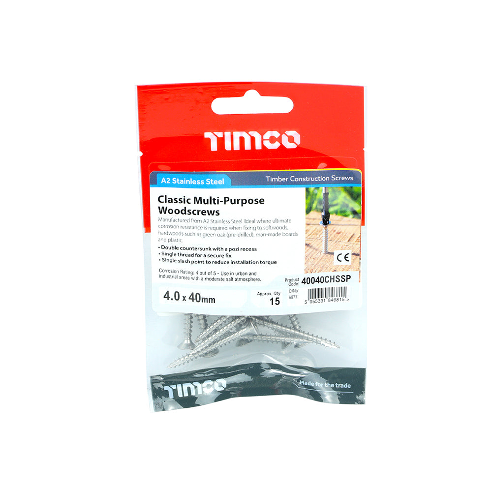 Classic Multi Purpose Woodscrew 4.0 x 40 PZ2 Countersunk A2 Stainless Steel 15 pack