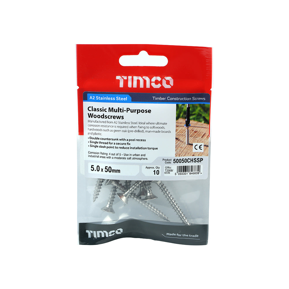Classic Multi Purpose Woodscrew 5.0 x 50 PZ2 Countersunk A2 Stainless Steel 10 pack