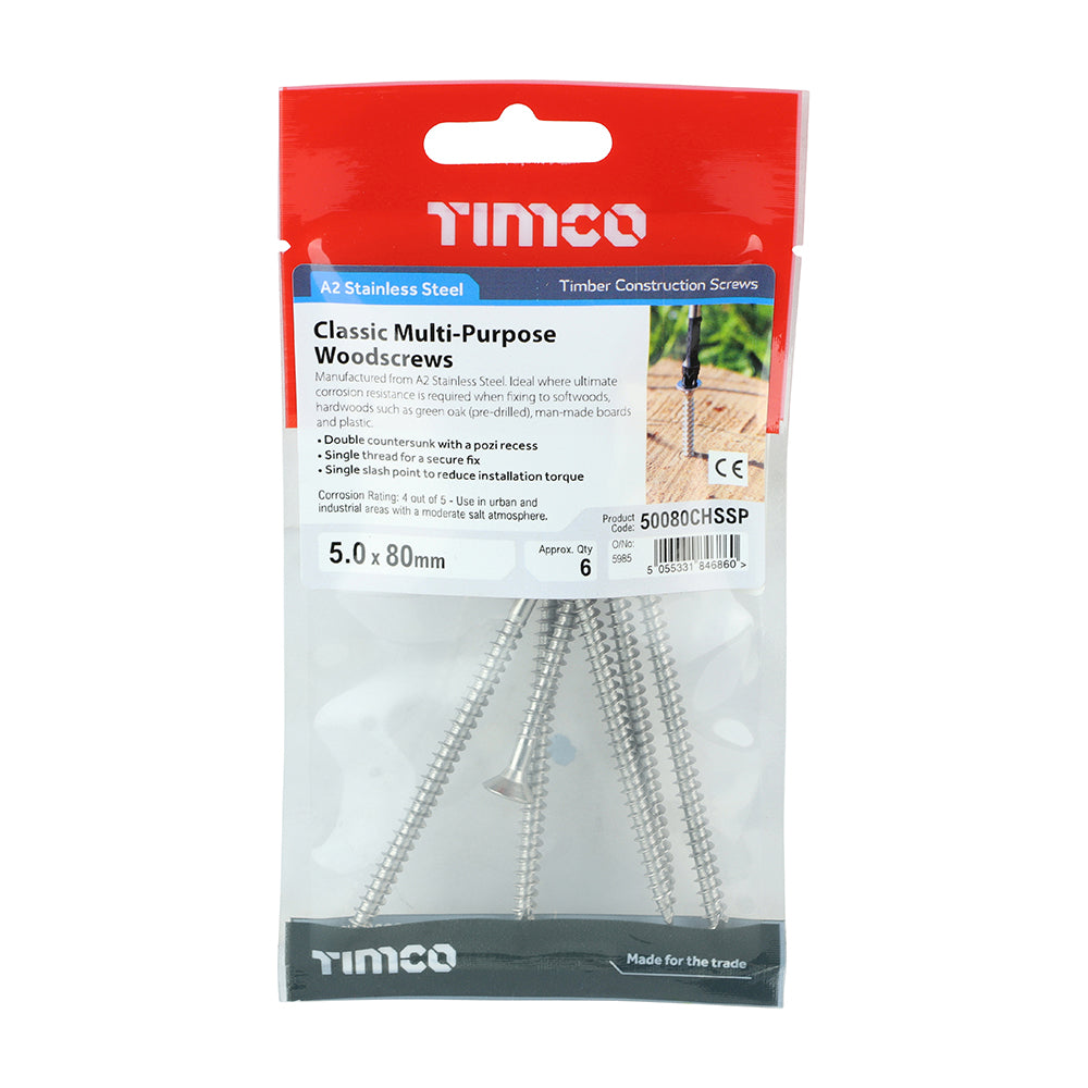 Classic Multi Purpose Woodscrew 5.0 x 80 PZ2 Countersunk A2 Stainless Steel 6 pack