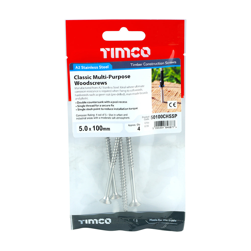 Classic Multi Purpose Woodscrew 5.0 x 100 PZ2 Countersunk A2 Stainless Steel 4 pack