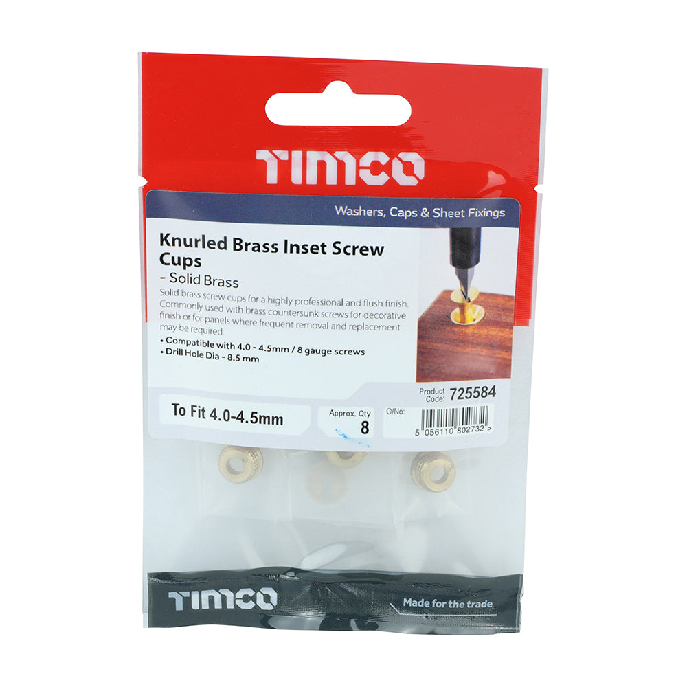 Knurled Brass Inset Screw Cups To Fit 4.0-4.5mm Brass