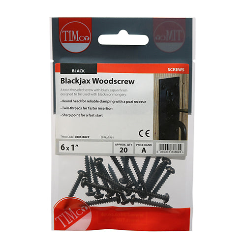 Blackjax Woodscrews - Round PZ2 Black - 6 x 1 - 20 pack