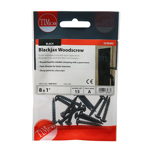 Blackjax Woodscrews - Round PZ2 Black - 8 x 1 - 15 pack