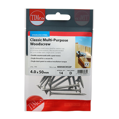 Classic Multi Purpose Woodscrew 4.0 x 50 PZ2 Countersunk A2 Stainless Steel 14 pack