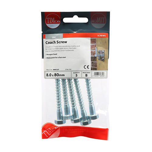 Coach Screw DIN 571 - BZP - 8.0 x 80 - 5 pack