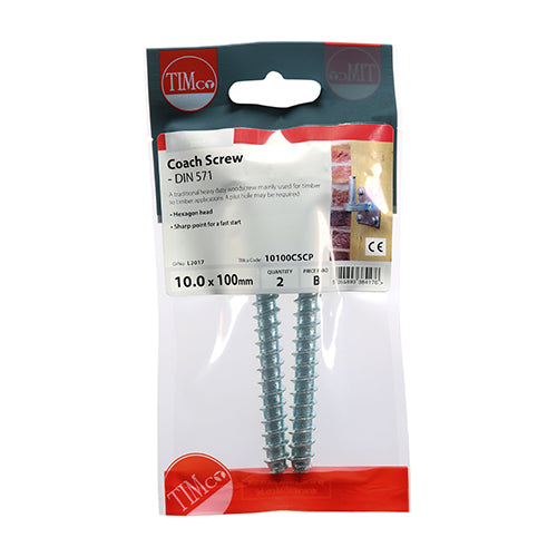 Coach Screw DIN 571 - BZP - 10.0 x 100 - 2 pack