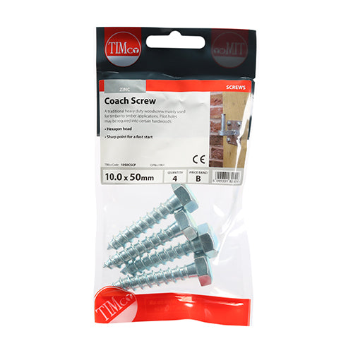 Coach Screw DIN 571 - BZP - 10.0 x 50 - 4 pack
