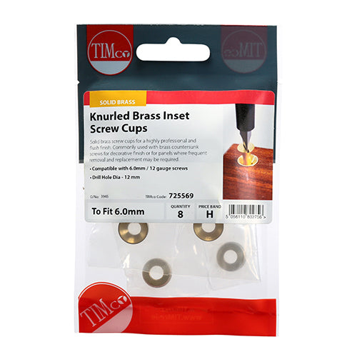 Knurled Brass Inset Screw Cups To Fit 5.5-6.0 Screw