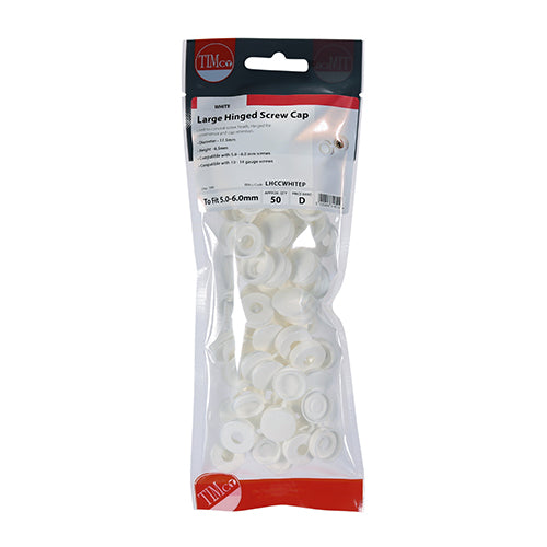 Hinged Screw Caps - Large - White To fit 5.0 to 6.0 Screw - 50 pack