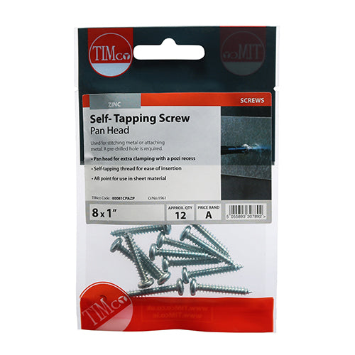 Self Tapping Screw PZ2 PAN - BZP - 8 x 1 - 12 pack