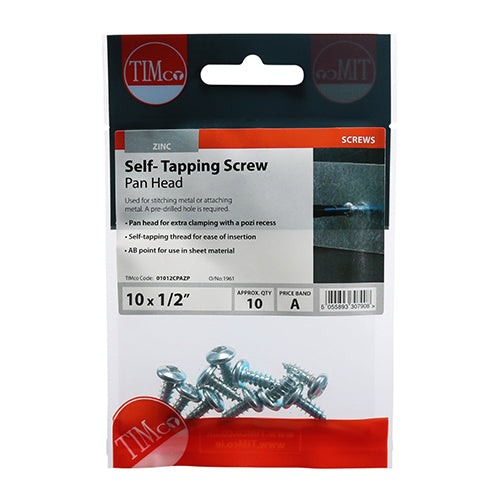 Self Tapping Screw PZ2 PAN - BZP - 10 x 1/2 - 10 pack