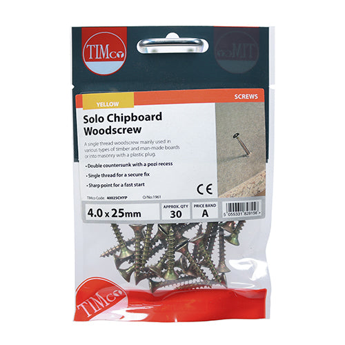 Solo Chipboard & Woodscrews PZ2 Countersunk 4.0 X 25mm - 30 pack