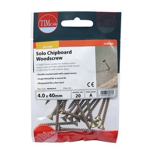 Solo Chipboard & Woodscrews PZ2 Countersunk 4.0 X 40mm - 20 pack