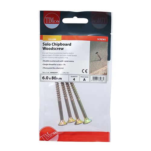 Solo Chipboard & Woodscrews PZ2 Countersunk 6.0 X 80mm - 4 pack