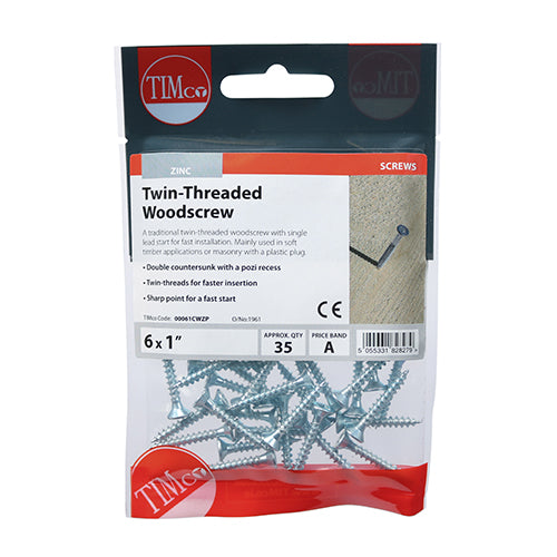 Twinthread Woodscrew PZ2 Countersunk - BZP - 6 x 1 - 35 pack