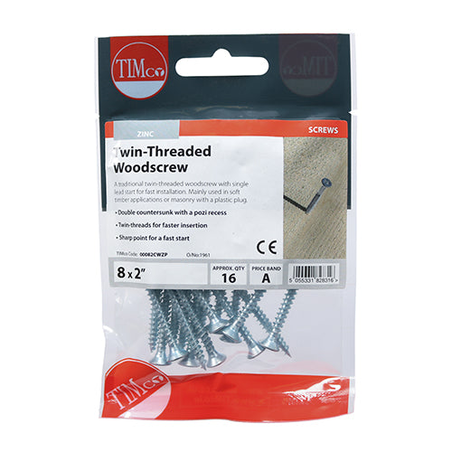 Twinthread Woodscrew PZ2 Countersunk - BZP - 8 x 2 - 16 pack